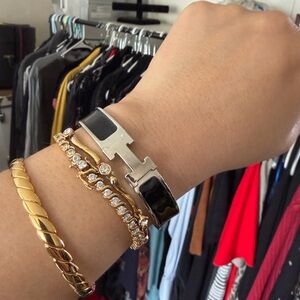 Silver and black monogram H cuff bracelet